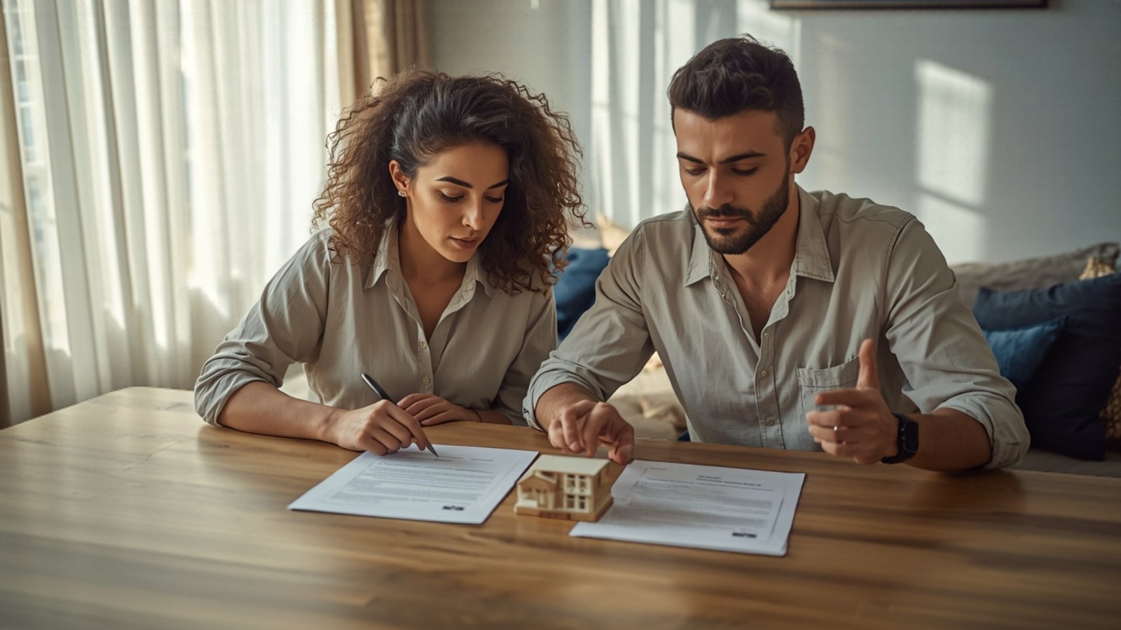 Casal analisando duas propostas impressas e uma maquete de casa sobre a mesa, decidindo como comprar um imóvel