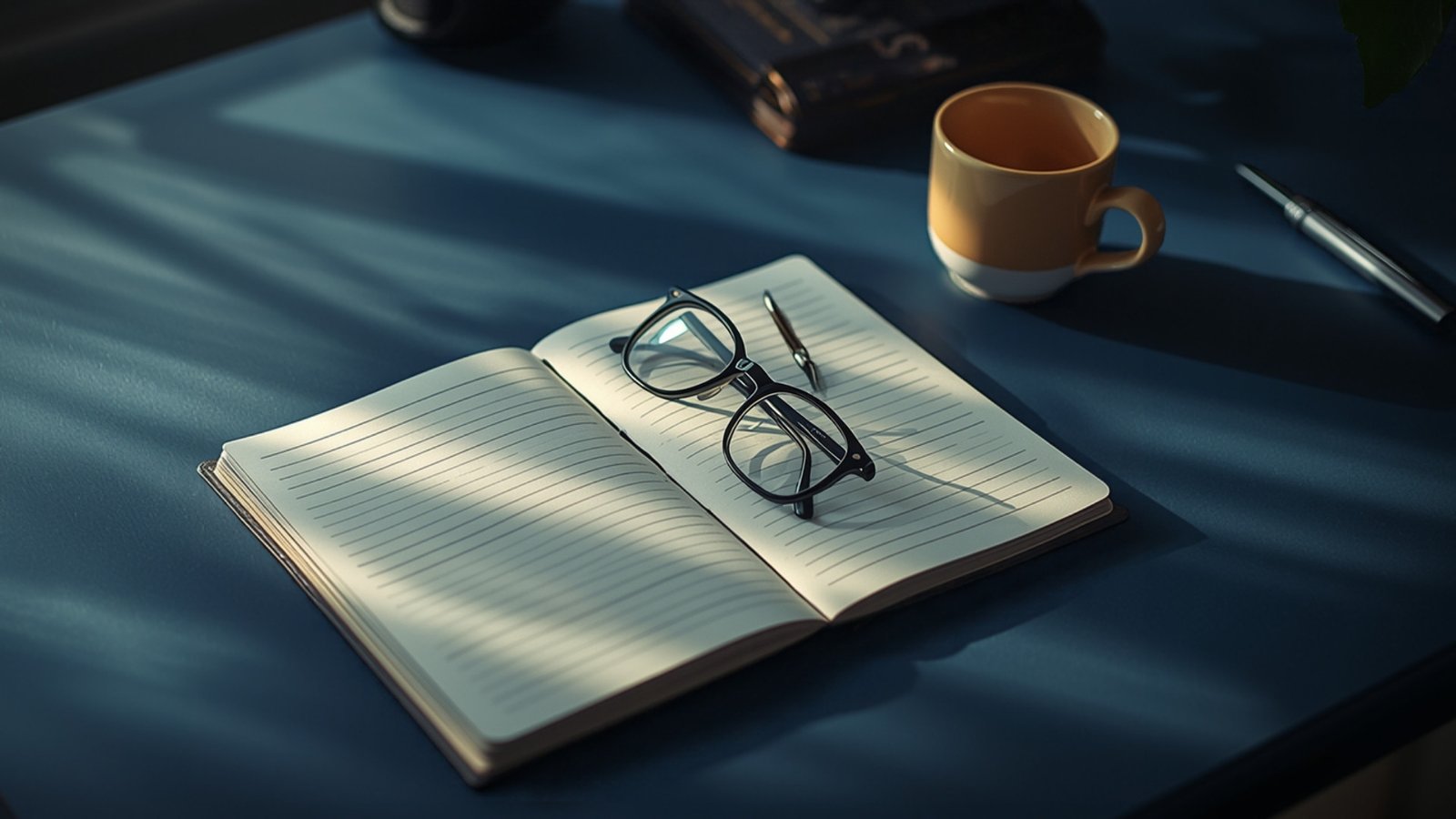 Mesa de escritório com caderno aberto, óculos e café, luz da manhã, planejamento de aposentadoria